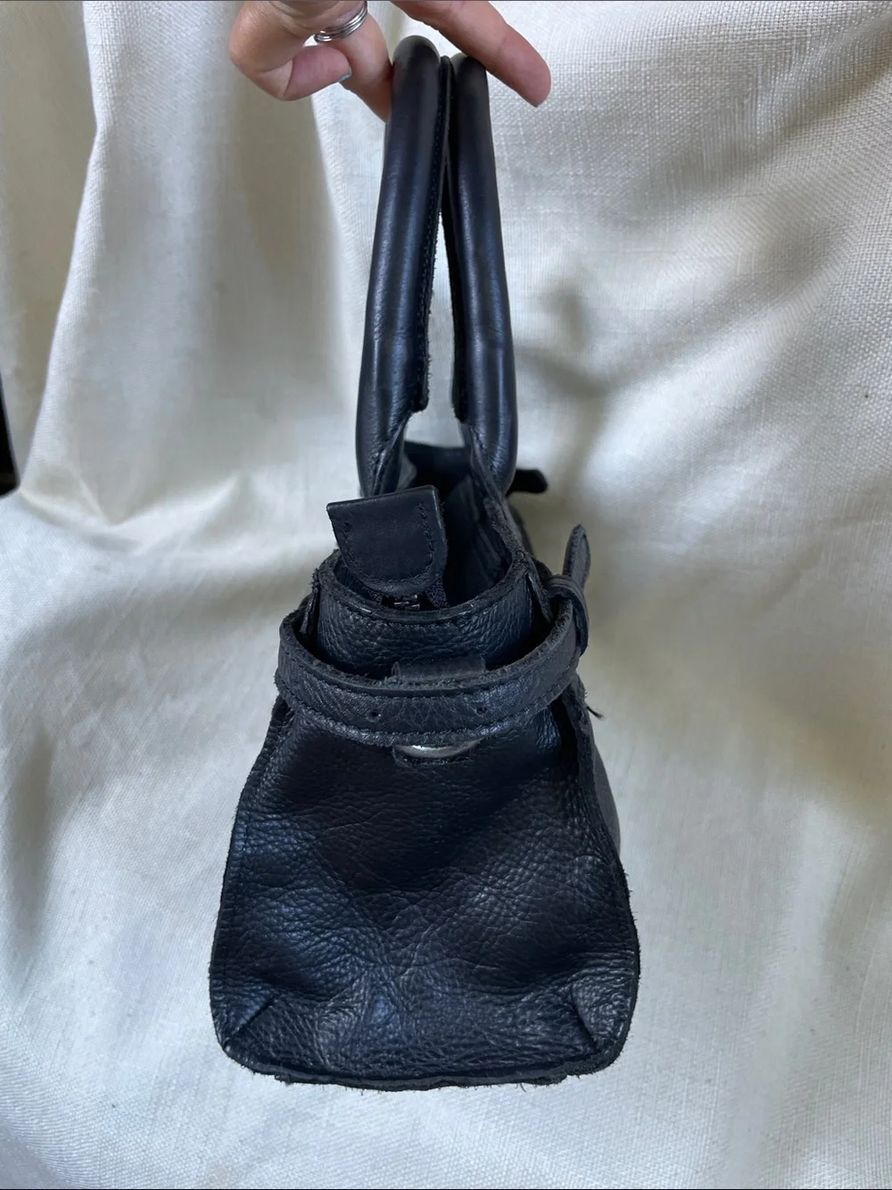 Classic Black Leather Top-Handle Bag with Removable Strap